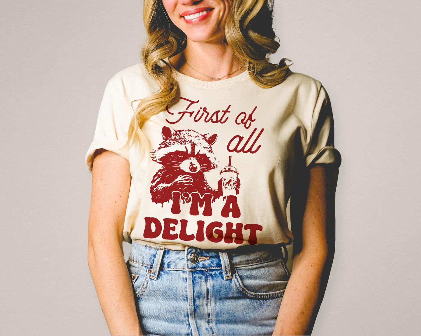 First Of All, I'm A Delight Raccoon Drinking Soda Funny Racoon Hand Drawn Vintage Animal Sayings | Instant Download | PNG SVG