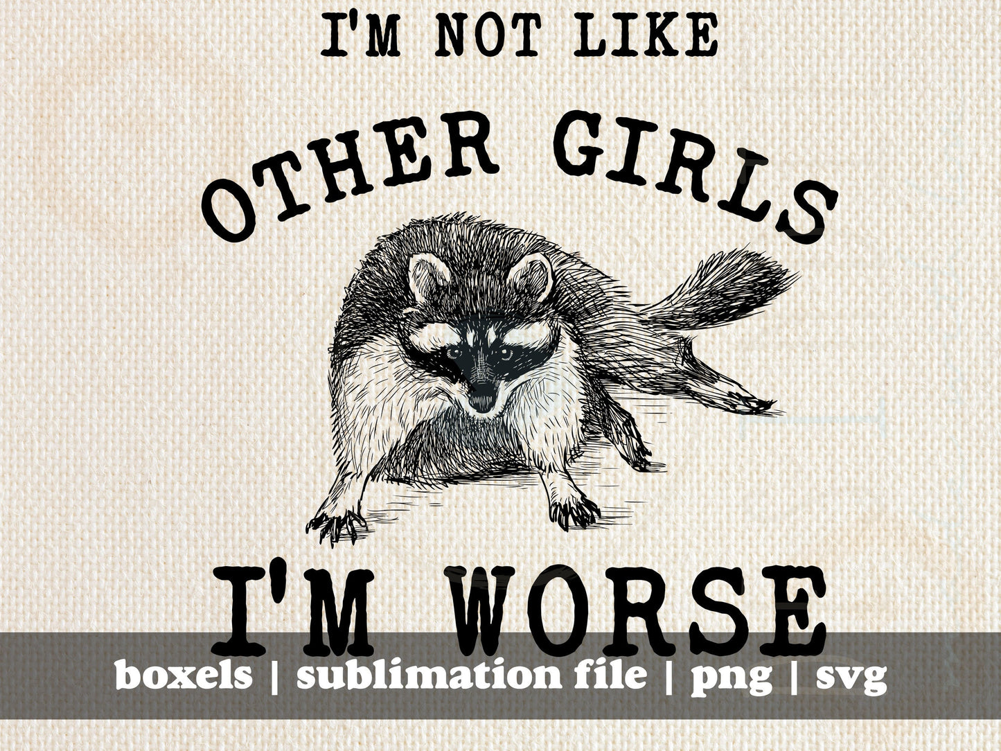 I'm Not Like Other Girls I'm Worse Funny Sarcastic Racoon Hand Drawn | Instant Download | PNG SVG