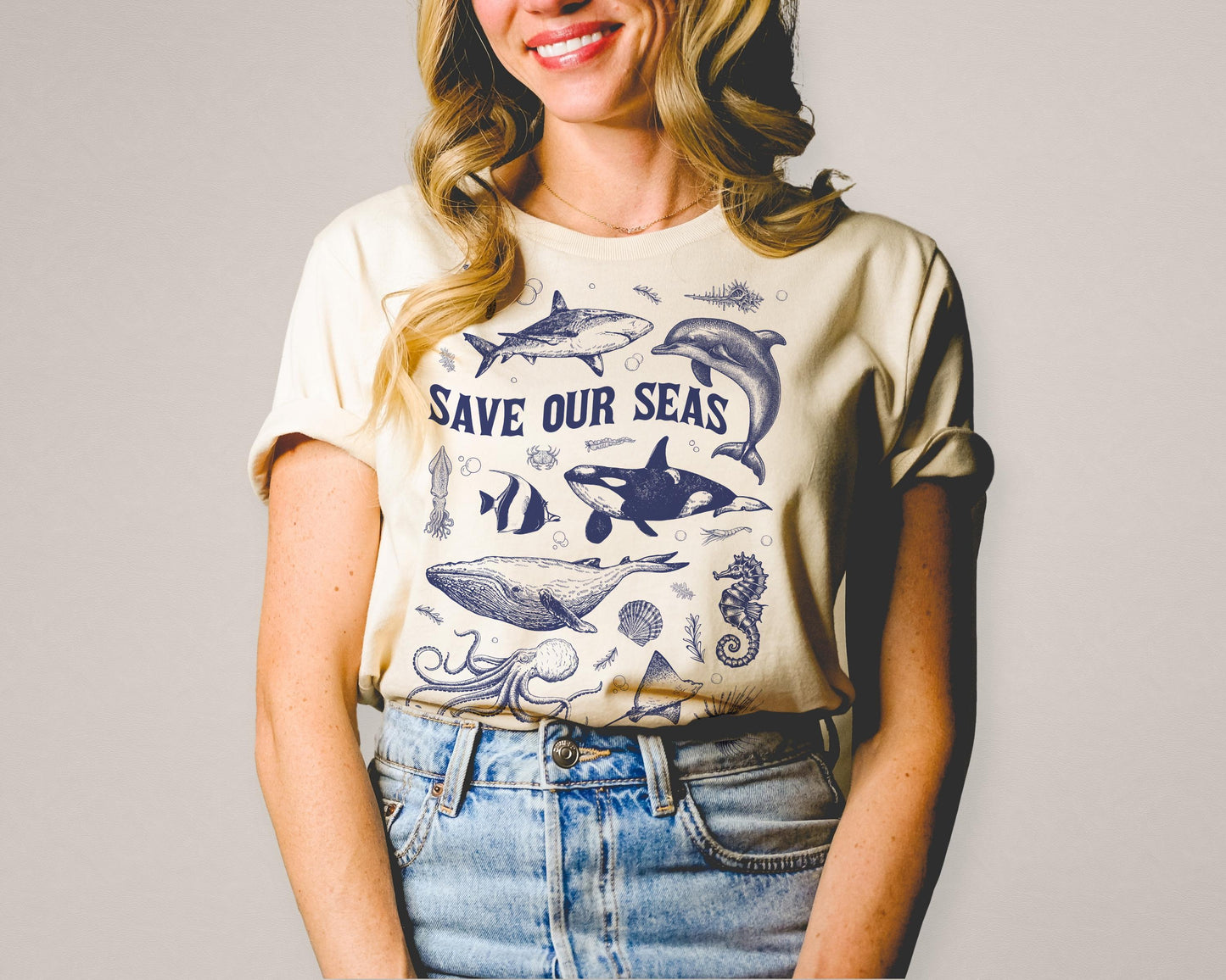 Save Our Seas Ocean Animals Hand Drawn Vintage Blue Tone | Instant Download | svg png