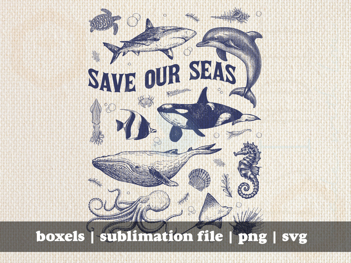 Save Our Seas Ocean Animals Hand Drawn Vintage Blue Tone | Instant Download | svg png