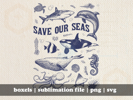 Save Our Seas Ocean Animals Hand Drawn Vintage Blue Tone | Instant Download | svg png