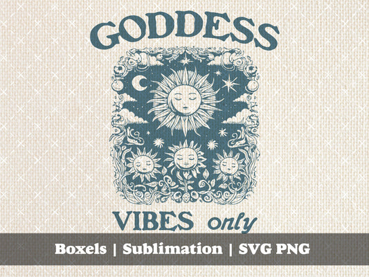 Goddess Vibes Only Aztec Sun Vintage Sun, Moon, And Stars With Faces and Lotus Flower Vintage Quotes  | Instant Download | PNG SVG