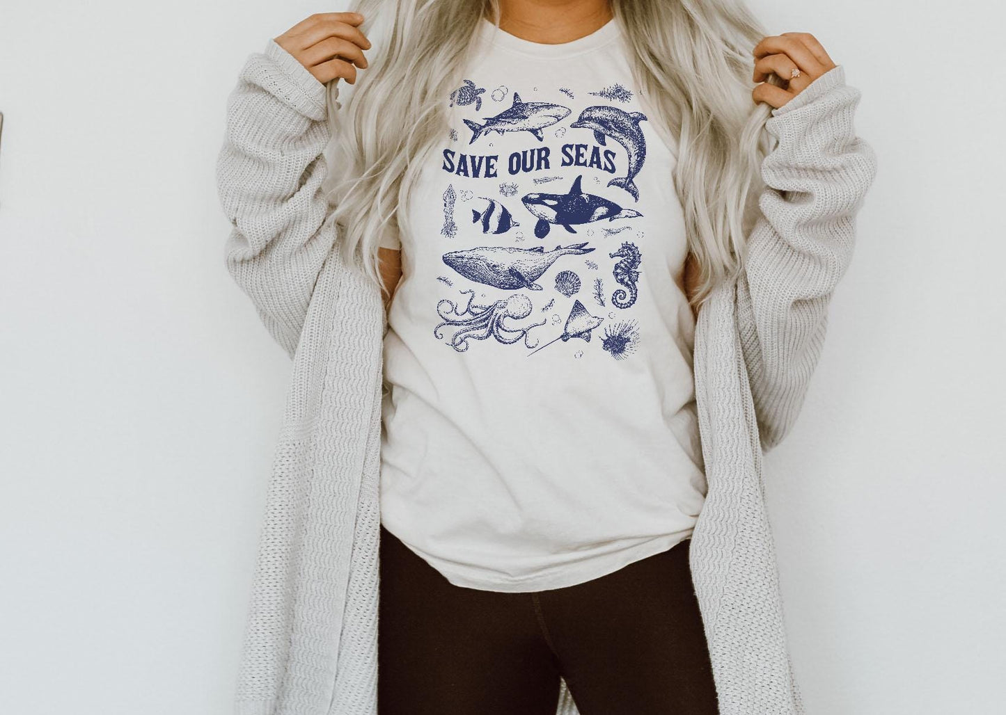 Save Our Seas Ocean Animals Hand Drawn Vintage Blue Tone | Instant Download | svg png