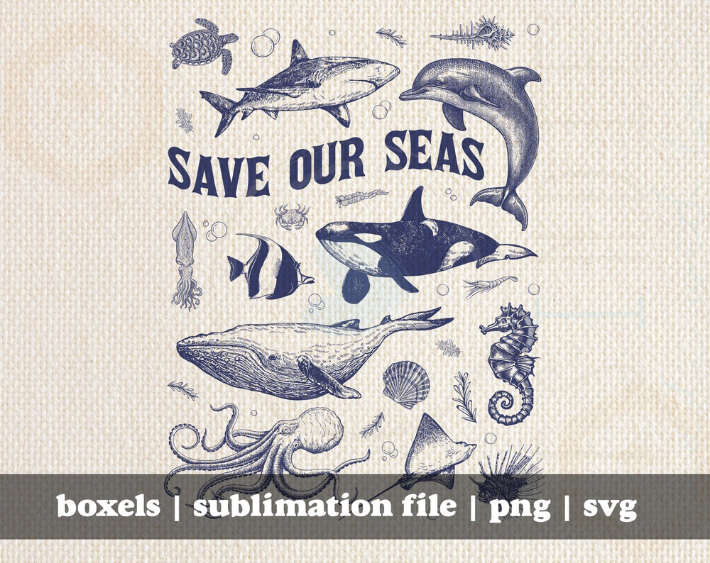 Save Our Seas Ocean Animals Hand Drawn Vintage Blue Tone